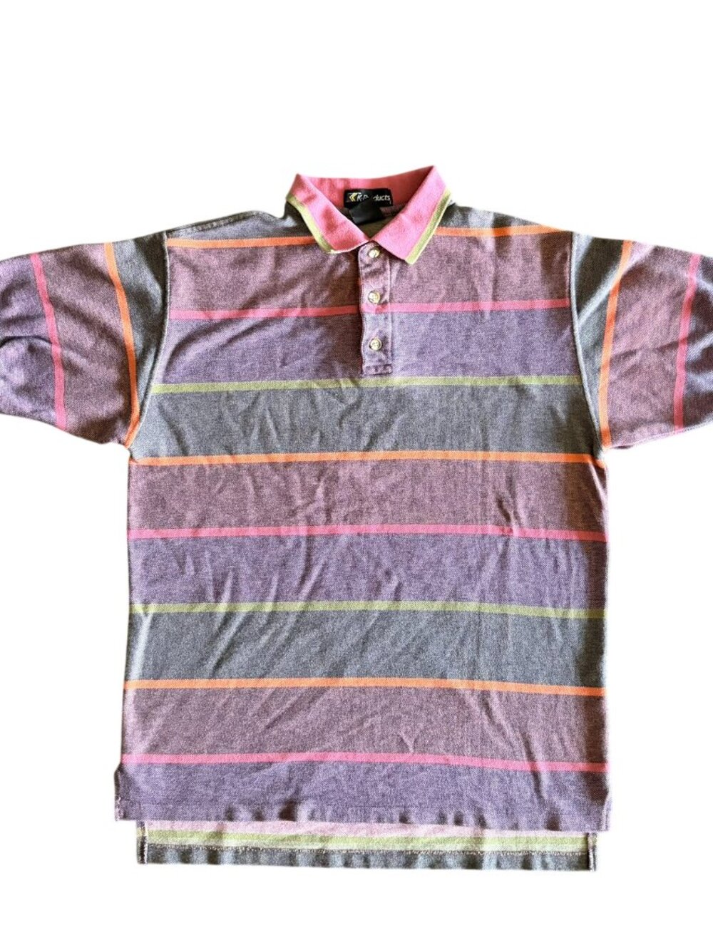 90s Vintage Colorful Striped Collared Polo Shirt - Mens L
